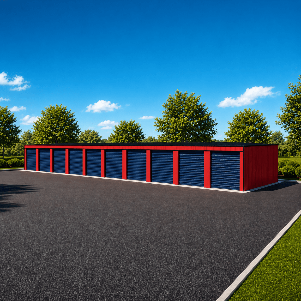 Rendering of the 50' × 150' × 16' RV Starter storage building with red trim and navy roll-up doors